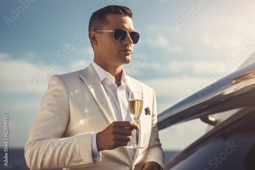 Young rich prosperous confident businessman stylish fashionable man guy male in white trendy suite holding glass of champagne on luxury yacht vacation dating luxurious traveling wealth lifestyle