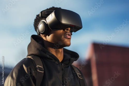 African American man guy user computer technology addict male wearing VR headset virtual reality goggles exploration metaverse modern advanced tech future progress cyber game experience outdoors city © Yuliia