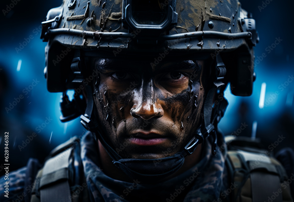 Portrait of tired dirty soldier. Armed serious warrior fighter. Generative AI.