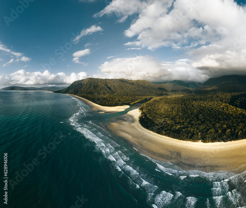 An aerial view of Myall Beach at Cape Tribulation in daintree national park in Tropical North Queensland, Australia