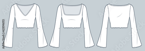 Bell Sleeved Top technical fashion illustration. Cropped Tee Shirt fashion flat technical drawing template, lettuce hem, square neck, v-neck, slim fit, front, back view, white, women CAD mockup set.