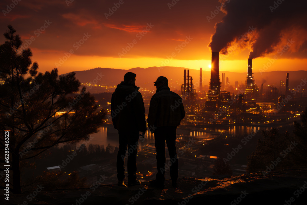 Silhouette of engineers on sunset. Builder construction team. Generative AI. Silhouette of engineers on sunset. Builder construction team. Generative AI.