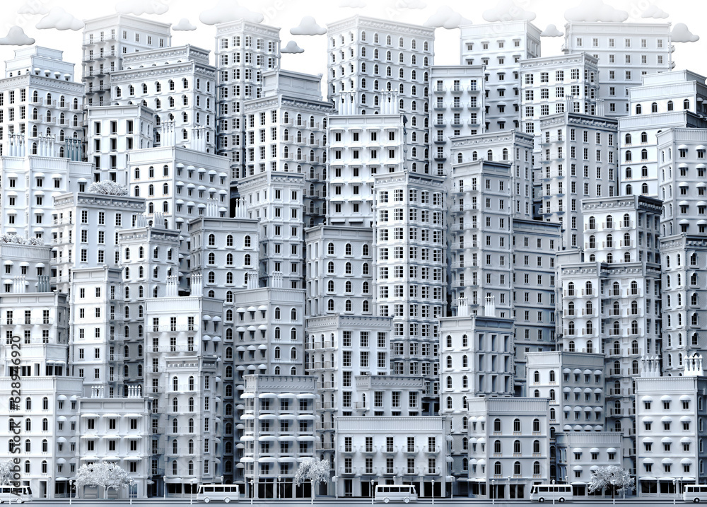 Background with beautiful city apartments buildings. 3D rendering illustration