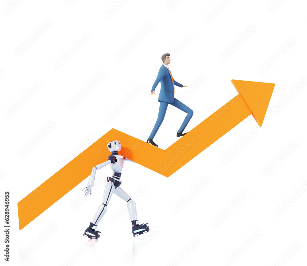 Robot caring big arrow with businessman stays on it. Robots working for people concept 3D Rendering Robot caring big arrow with businessman stays on it. Robots working for people concept 3D Rendering