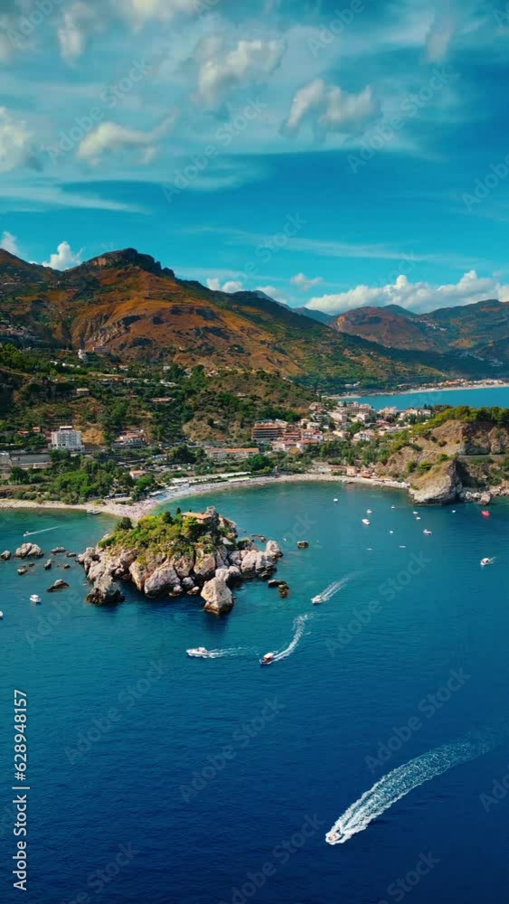 Sunny Day Vertical Drone Footage of Taormina Beaches, Sicily.