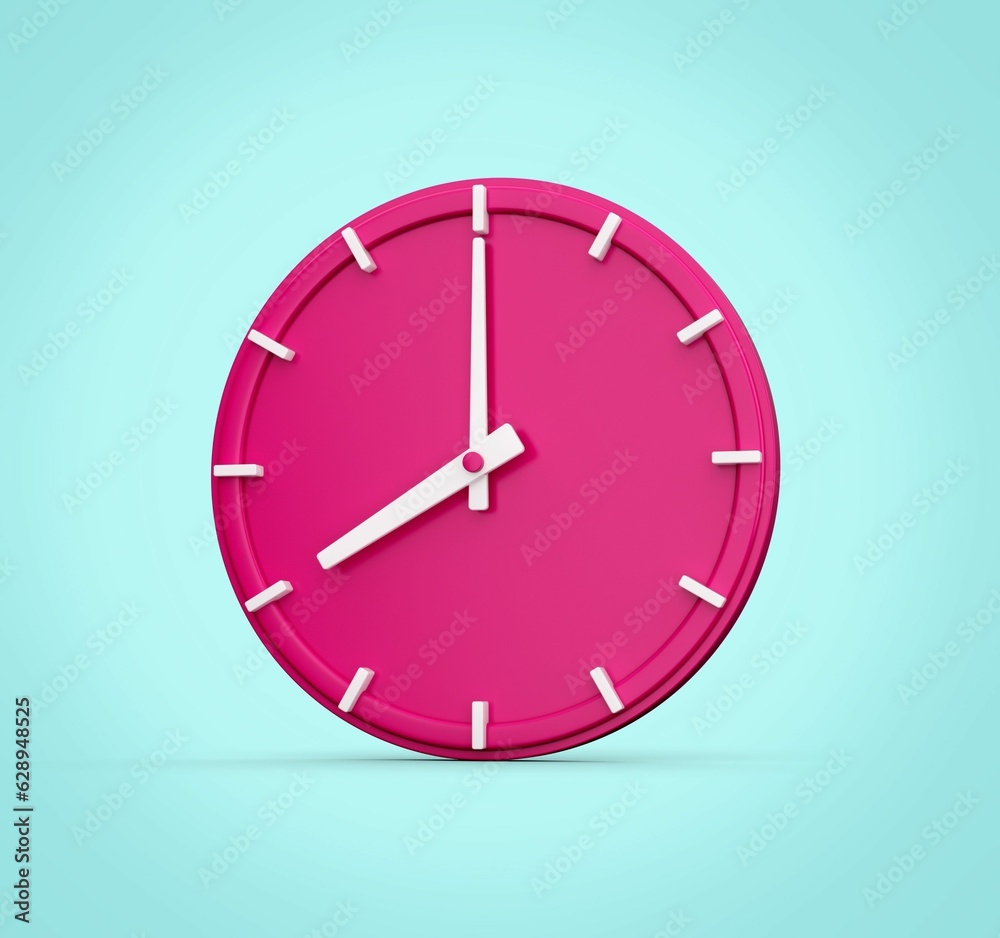 3D rendering of a pink analog clock isolated on a light blue background