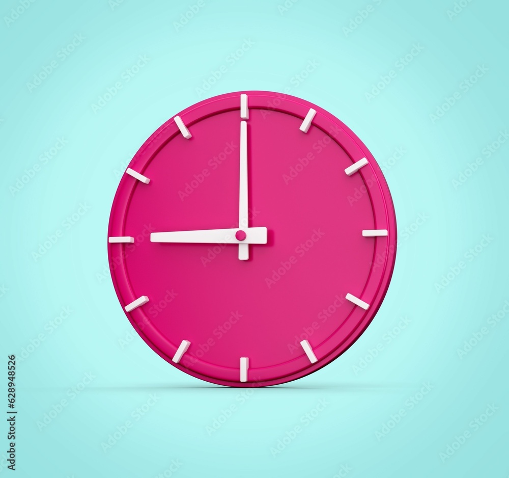 3D rendering of a pink analog clock isolated on a light blue background 3D rendering of a pink analog clock isolated on a light blue background