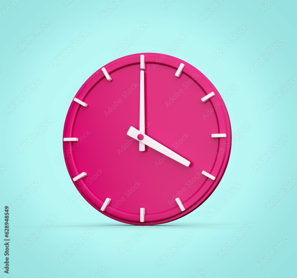 3D rendering of a pink analog clock isolated on a light blue background 3D rendering of a pink analog clock isolated on a light blue background