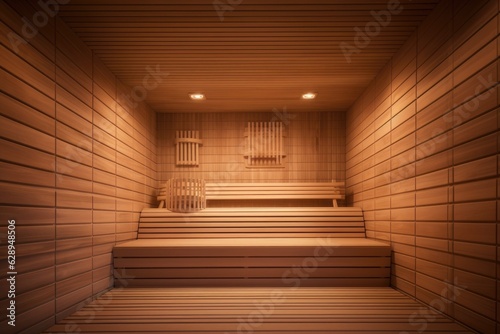 Finnish sauna with wooden relaxing resting benches.