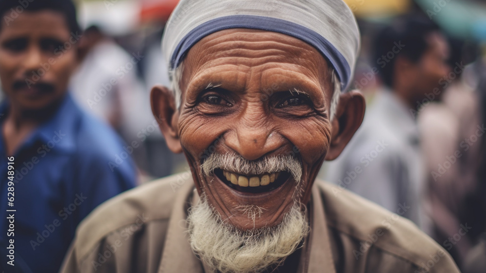 old man with wrinkles and gray hair and beard and and big ears and takke headgear for muslim men, at prayer, standing outside among many people, smiling with yellow teeth happy and proud