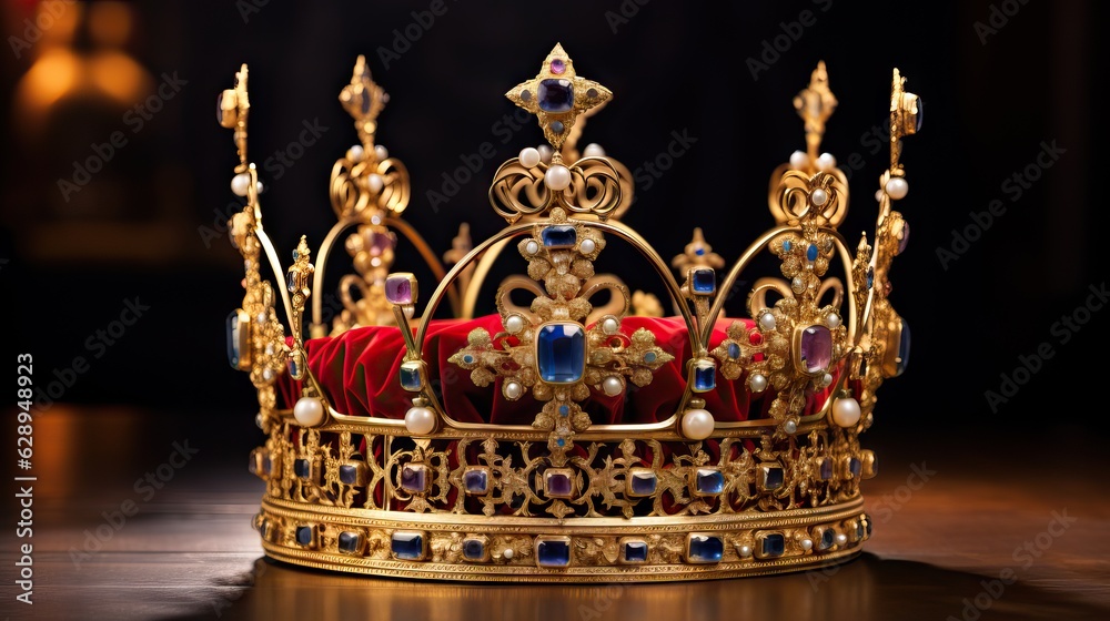 A beautiful and luxurious crown of a king, sparkling with embedded gems and precious metals. Generative AI