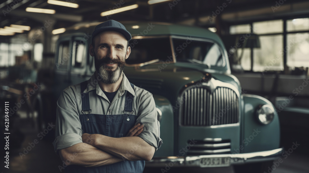 a smiling young handsome man stands in front of a car, a car repairman, a loader, a driver, a trucker, a trucker, a man's job, a transport company