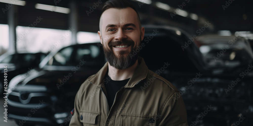 a smiling young handsome man stands in front of a car, a car repairman, a loader, a driver, a trucker, a trucker, a man's job, a transport company a smiling young handsome man stands in front of a car, a car repairman, a loader, a driver, a trucker, a trucker, a man's job, a transport company