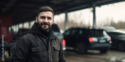 a smiling young handsome man stands in front of a car, a car repairman, a loader, a driver, a trucker, a trucker, a man's job, a transport company