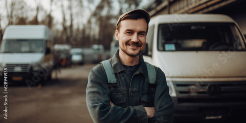 a smiling young handsome man stands in front of a car, a car repairman, a loader, a driver, a trucker, a trucker, a man's job, a transport company © Julia Zarubina