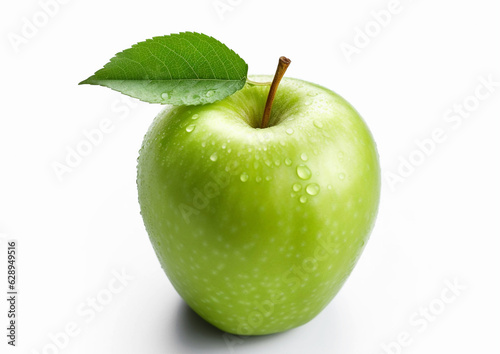 Green sweet apple with leaf on white background.AI Generative