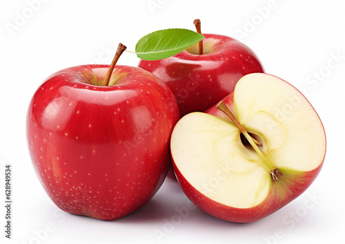 Sweet fresh red apples with leaf on white background.Macro.AI Generative