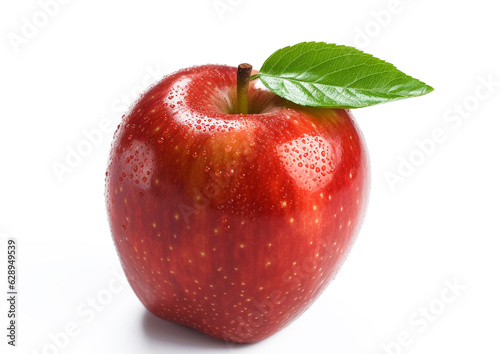 Red sweet apple with leaf on white background.AI Generative
