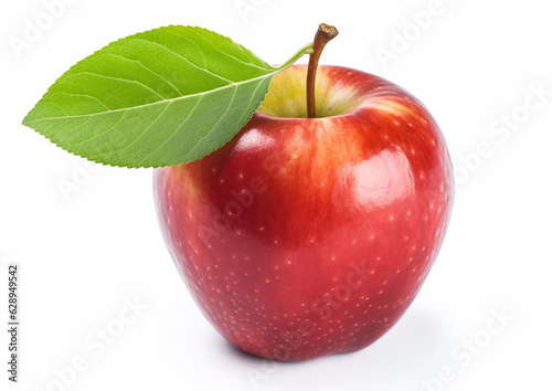 Red sweet apple with leaf on white background.Macro.AI Generative