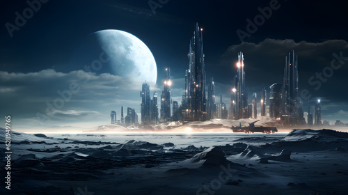 Futuristic city at night with the full moon. 3d rendering Generative AI © ZeeZaa