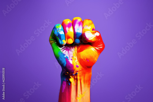 Clenched fist in rainbow colored paint isolated on colored flat background. Creative concept to support the lgbt community. Lgbt flag, rainbow