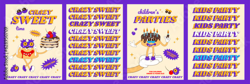 Trendy psychedelic posters with funny sweets characters. Cheerful pancake cake mascot, berries with eyes and holiday candles. Children's party. Poster design for coffee shop, bakery, menu. Vector.