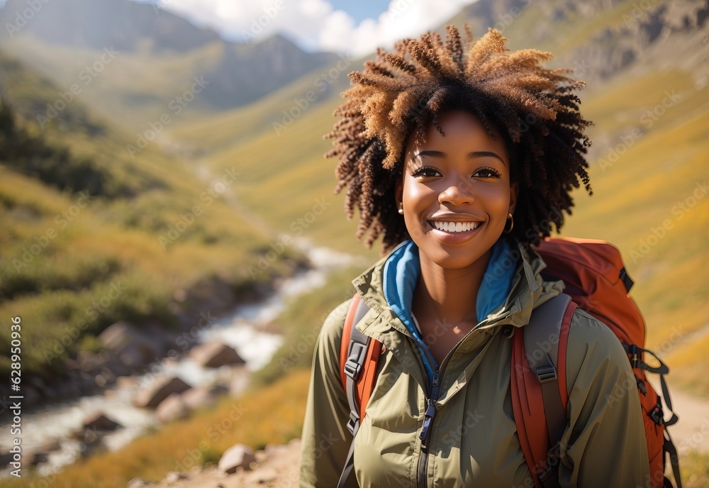 Beautiful smile attractive one afro women in mountain hiking