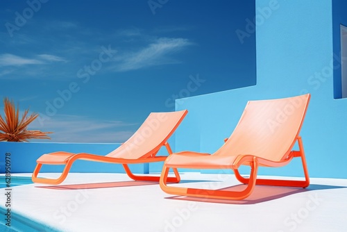 Inviting sun loungers aligned near a sparkling swimming pool, a perfect relaxation spot under the clear sky.