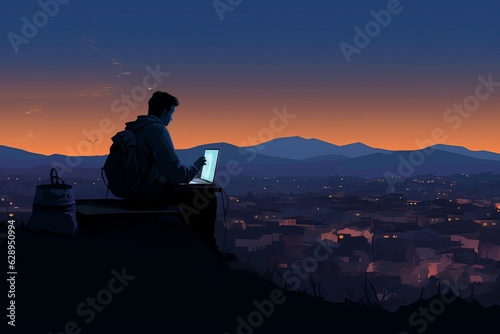 Silhouette of a digital nomad  working on his laptop atop a hill overlooking the city at dusk.