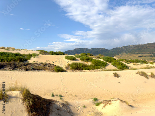 Blick auf die hohen Sanddünen von Valdevaqueros, die von der Abendsonne beleuchtet werden, Tarifa, Costa de la Luz, Andalusien, Provinz Cádiz, Spanien, Reisen, Tourismus