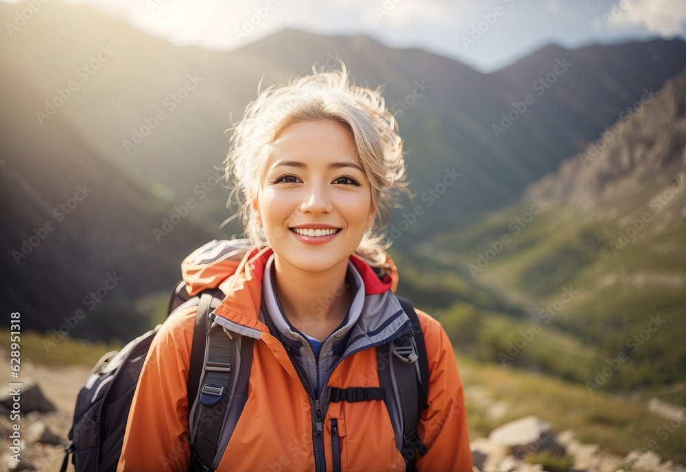 Beautiful smile attractive senior women in mountain hiking Beautiful smile attractive senior women in mountain hiking