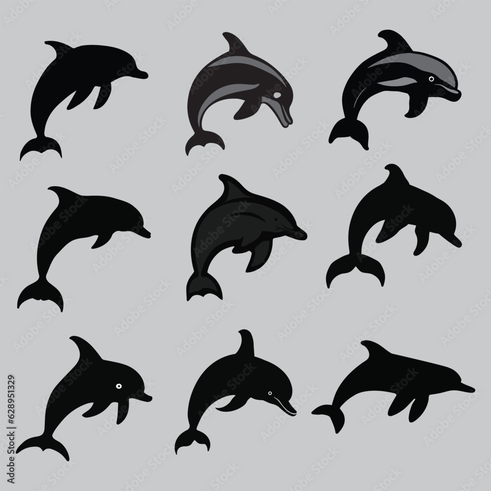 Obraz premium Silhouette set of dolphins vector icon