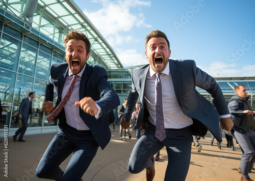 Men in suits jumping with j...
