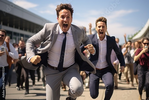 Men in suits jumping with j...