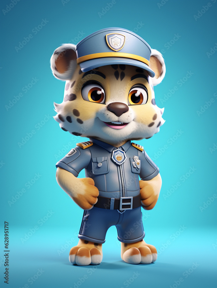 A Cute 3D Jaguar Dressed Up as a Police Officer on a Solid Color Background | Generative AI