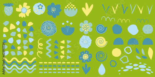 Colorful shape doodle collection. Funny basic shapes, random childish doodle cutouts hand. Abstract set of flower, grass, berry, drop, stone, wave, snail, shell, circle, triangle variation shapes.