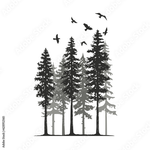 Vector of pine tree and birds stickers
