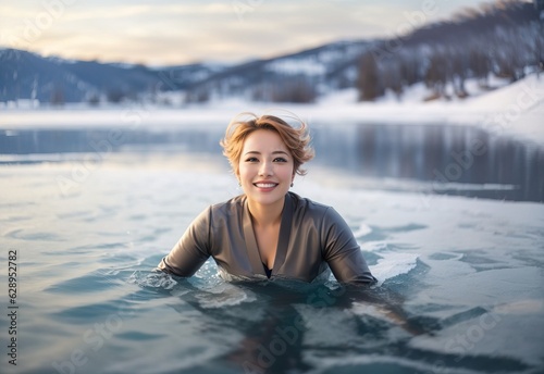 Beautiful smile mature woman swimming on icy lake in winter