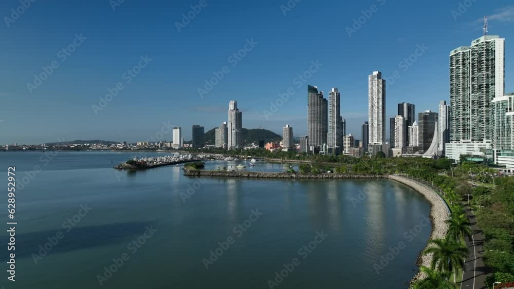 Aerial of the buildings of Panama City on the shore and the ocean Aerial of the buildings of Panama City on the shore and the ocean