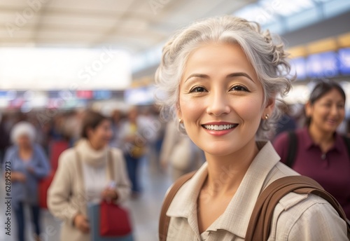 Beautiful smile very old women in the airpot with blurred crowd of people
