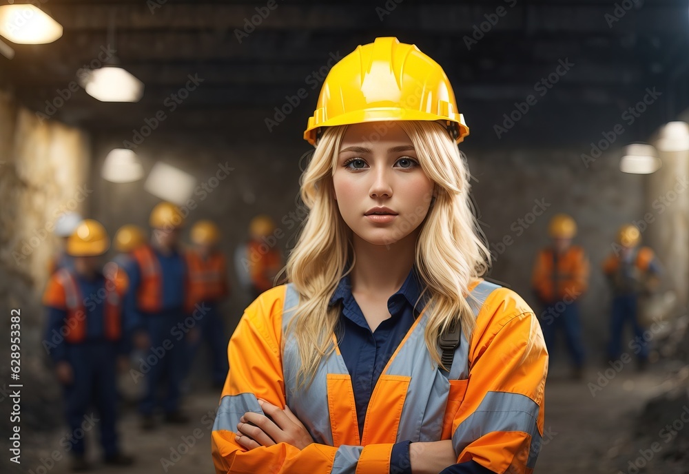 Blonde women miners wear head protection standing confident with crossed hands Blonde women miners wear head protection standing confident with crossed hands