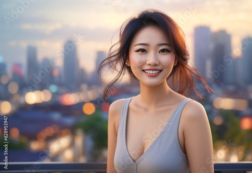 Happy beautiful asian woman smile with blurred cityscape