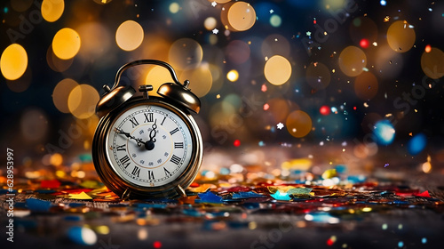 Colorful Image of a Clock Surrounded by Glitter and Confetti, Capturing the Festive Spirit of the New Year. Generative Ai.