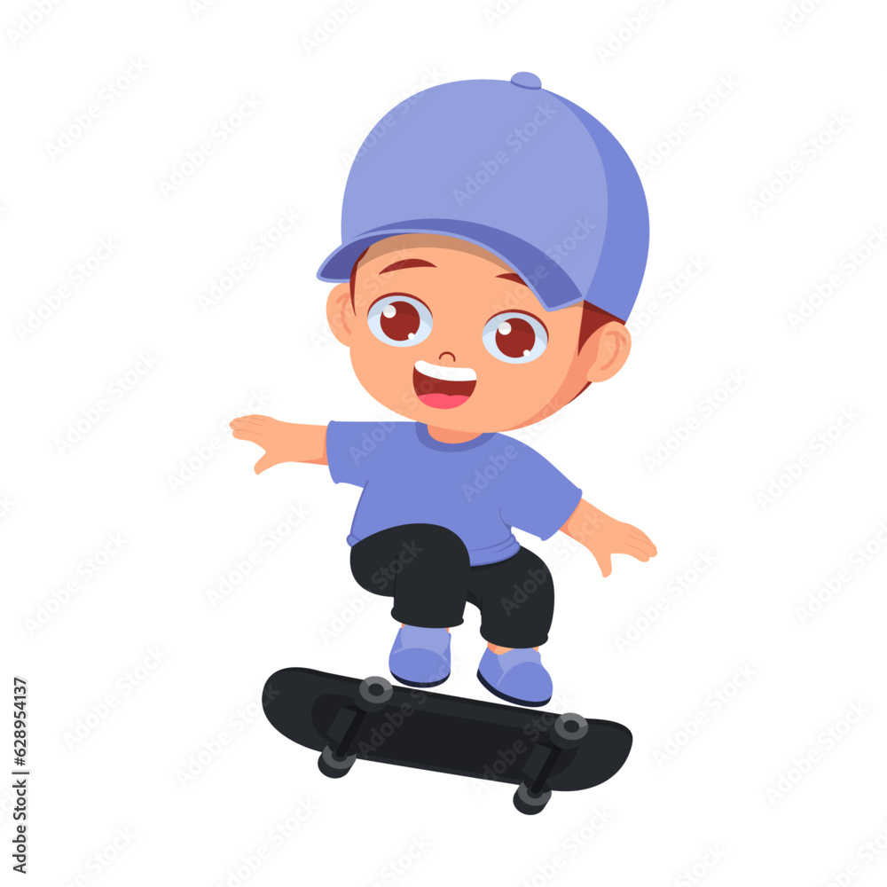 Cute boy playing skateboard with happy face Cute boy playing skateboard with happy face