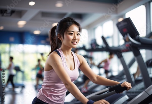 Happy beautiful attractive asian women working out on treadmill