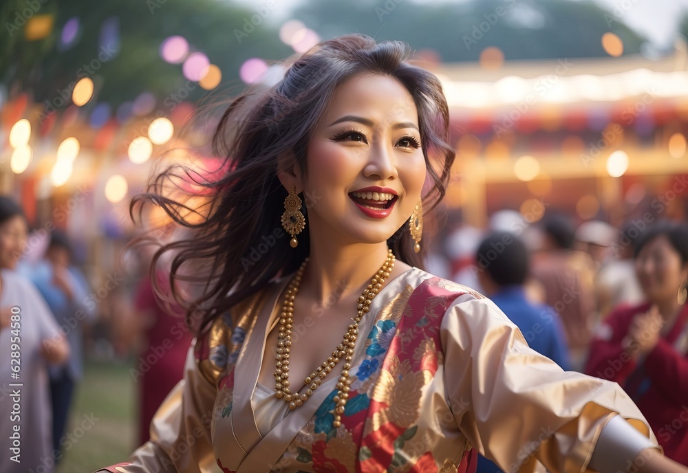 Happy beautiful attractive mature asian woman dancing at festival Happy beautiful attractive mature asian woman dancing at festival