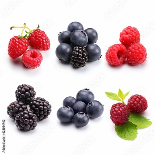 Berries collection of raspberry, blueberry, blackberry, cherry isolated on white background