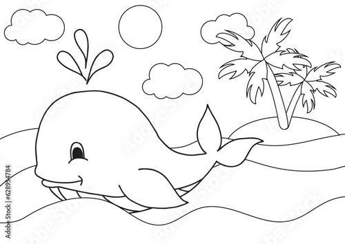 Cute cartoon sperm whale. Coloring book or page for kids. marine life