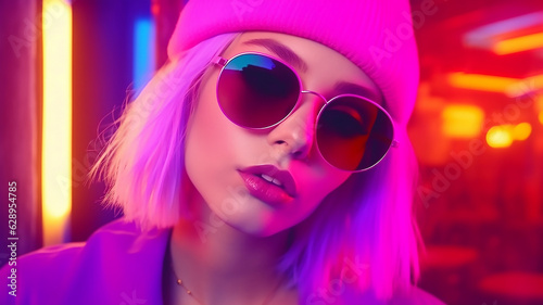 Glamor girl with glasses on neon light background © ksu_ok