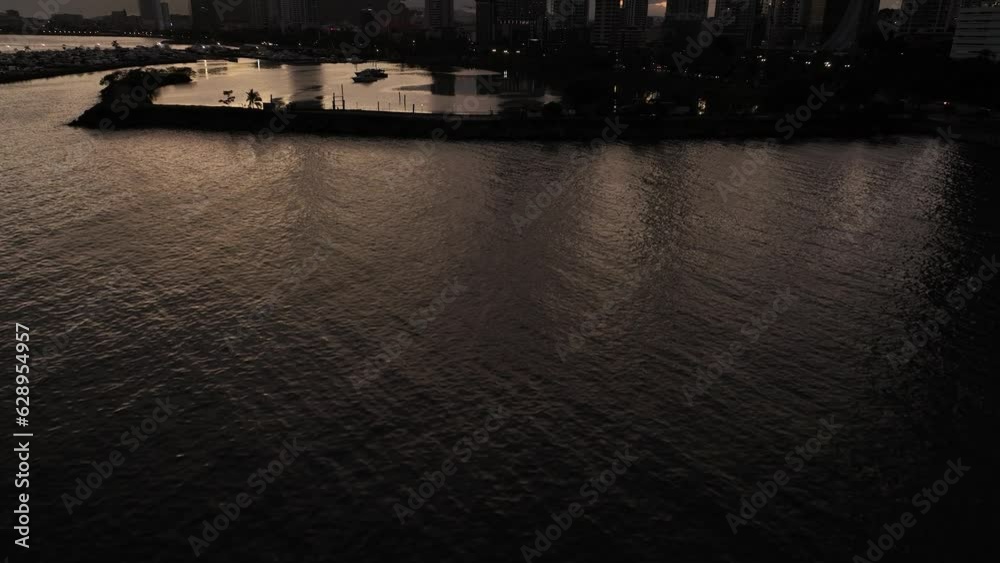 Aerial of the modern buildings of Panama City during the sunset Aerial of the modern buildings of Panama City during the sunset